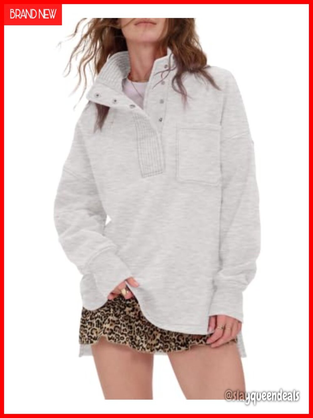 Oversized Henley Snap Button Sweatshirt Slouchy Pullover Casual